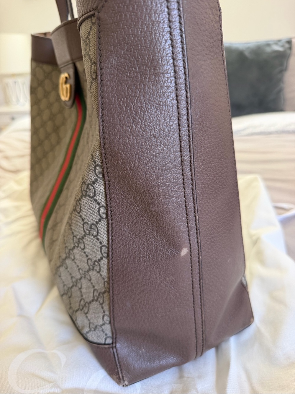 Gucci GG Ophidia Canvas Tote with Brown Trim and Classic Green-Red Web - Picture 4 of 9
